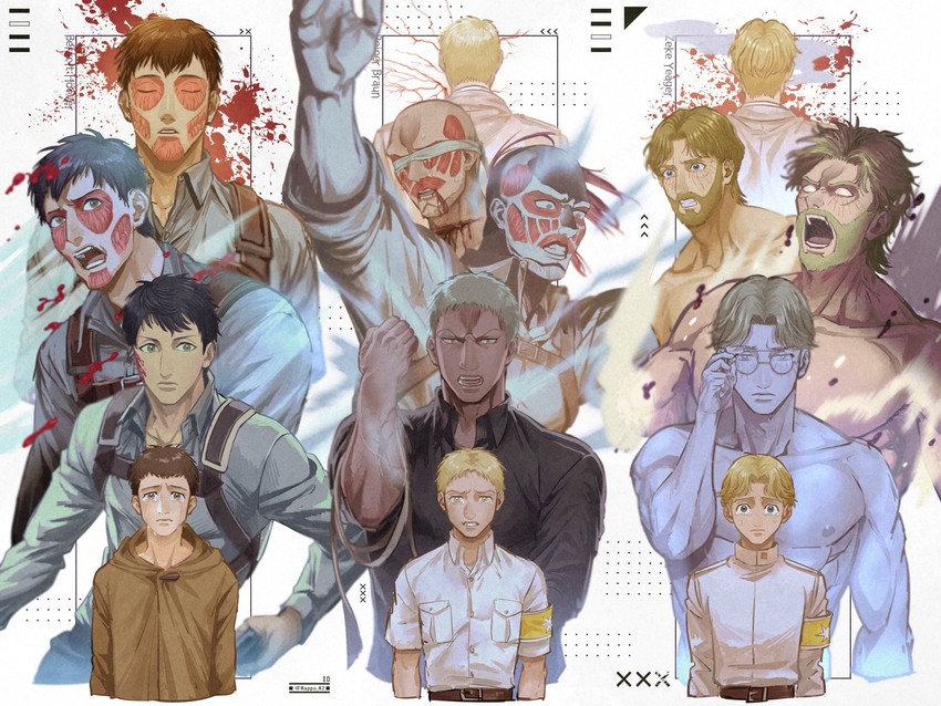 reiner braun, bertolt hoover, and zeke yeager (shingeki no kyojin) drawn by mappo_m2