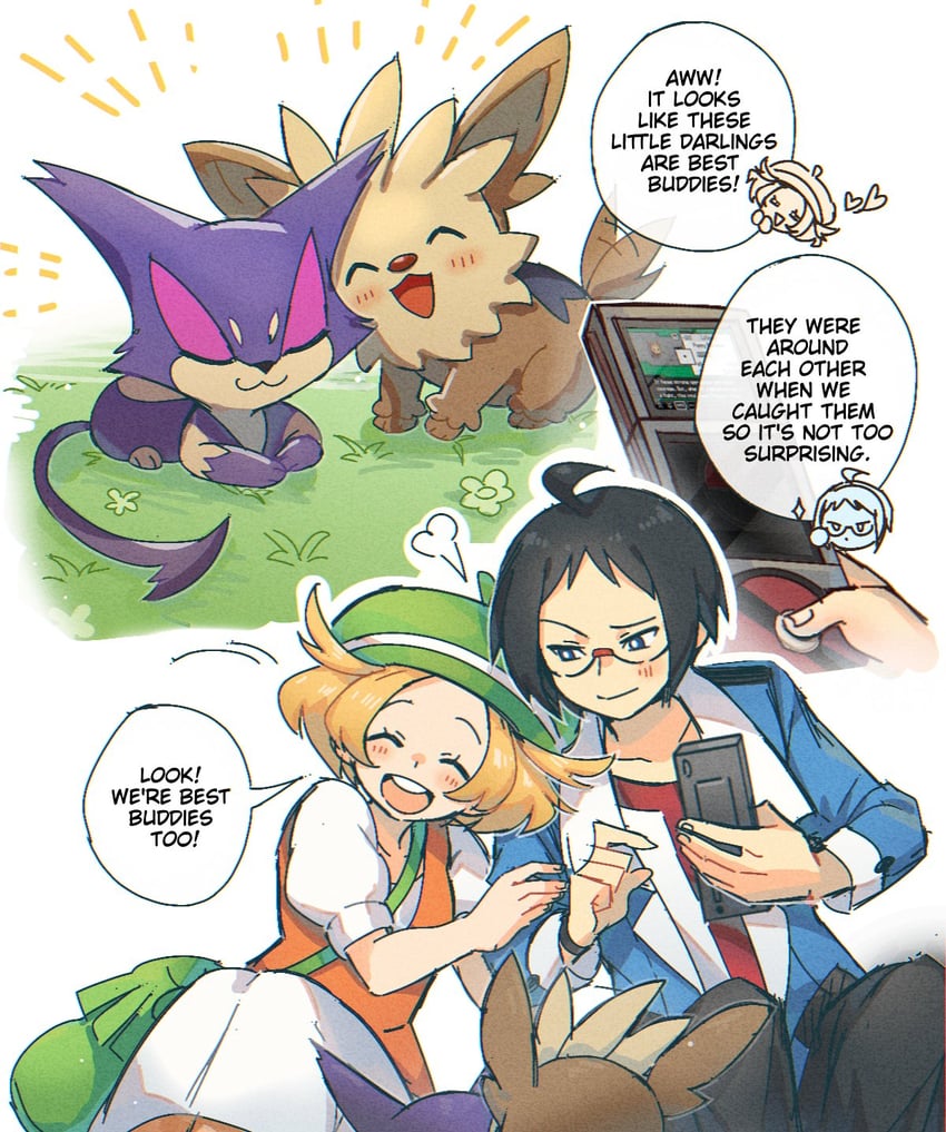 bianca, cheren, purrloin, and lillipup (pokemon and 1 more) drawn by miiyokoe