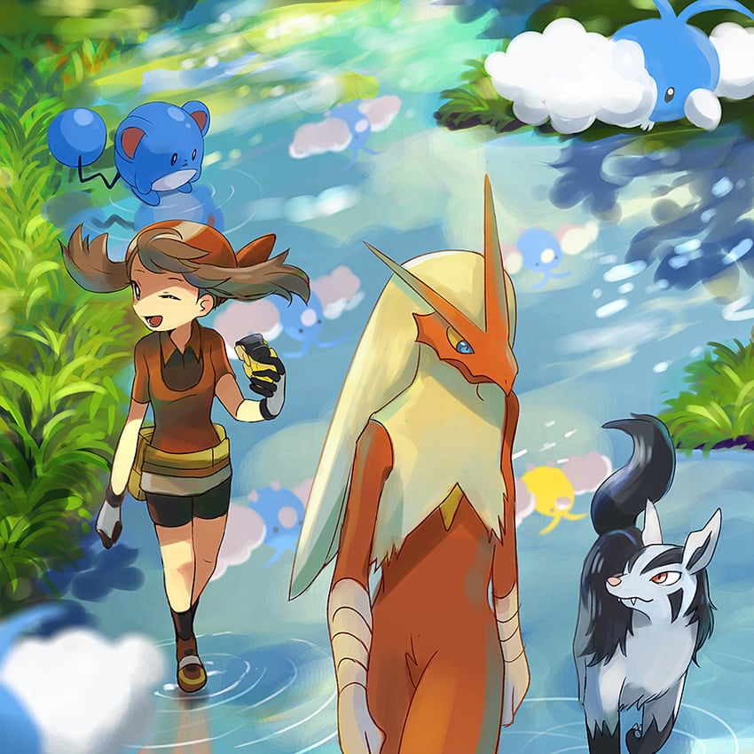 may, marill, swablu, blaziken, and mightyena (pokemon and 1 more) drawn by popcorn_91