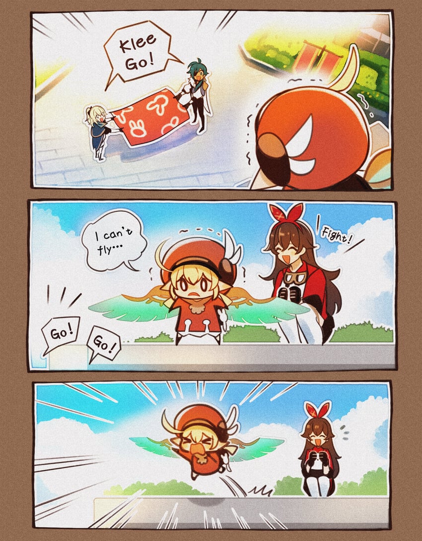 klee, jean, amber, and kaeya (genshin impact) drawn by enpitsu01