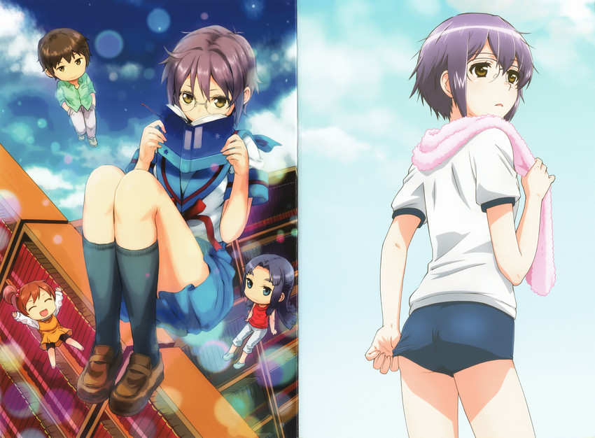 nagato yuki, kyon, asakura ryoko, and kyon's sister (suzumiya haruhi no yuuutsu and 1 more)