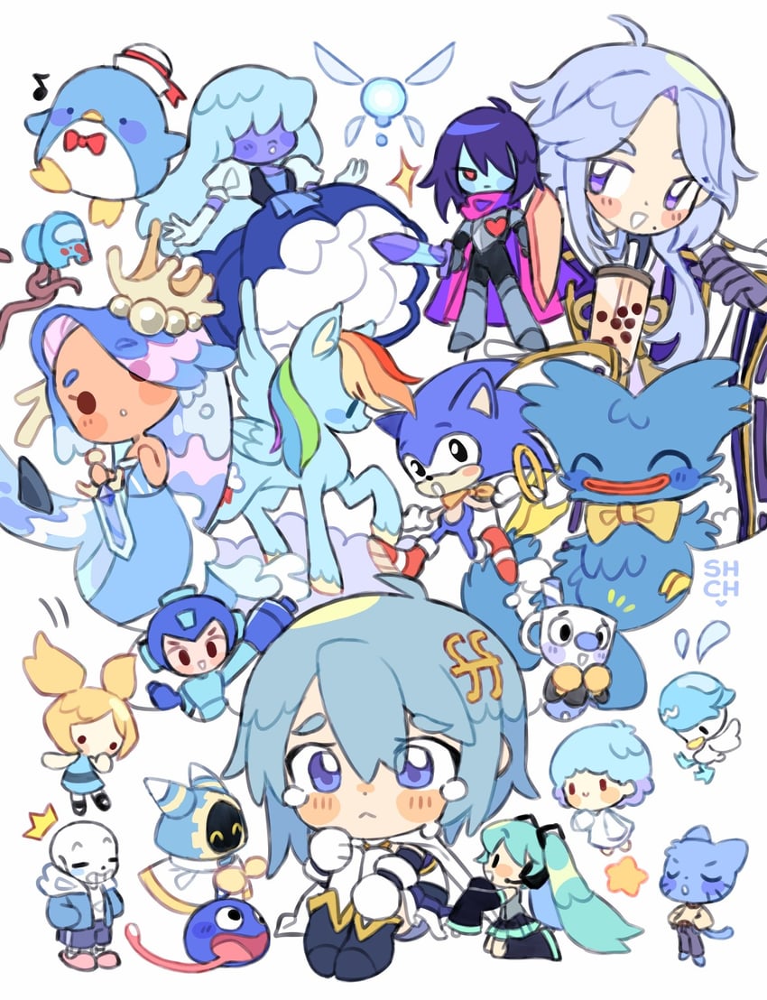 hatsune miku, miki sayaka, sonic the hedgehog, kamisato ayato, sans, and 17 more (pokemon and 22 more) drawn by sharpycharot