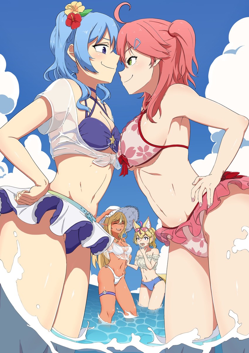 hoshimachi suisei, sakura miko, shiranui flare, and omaru polka (hololive) drawn by avocado_maguro
