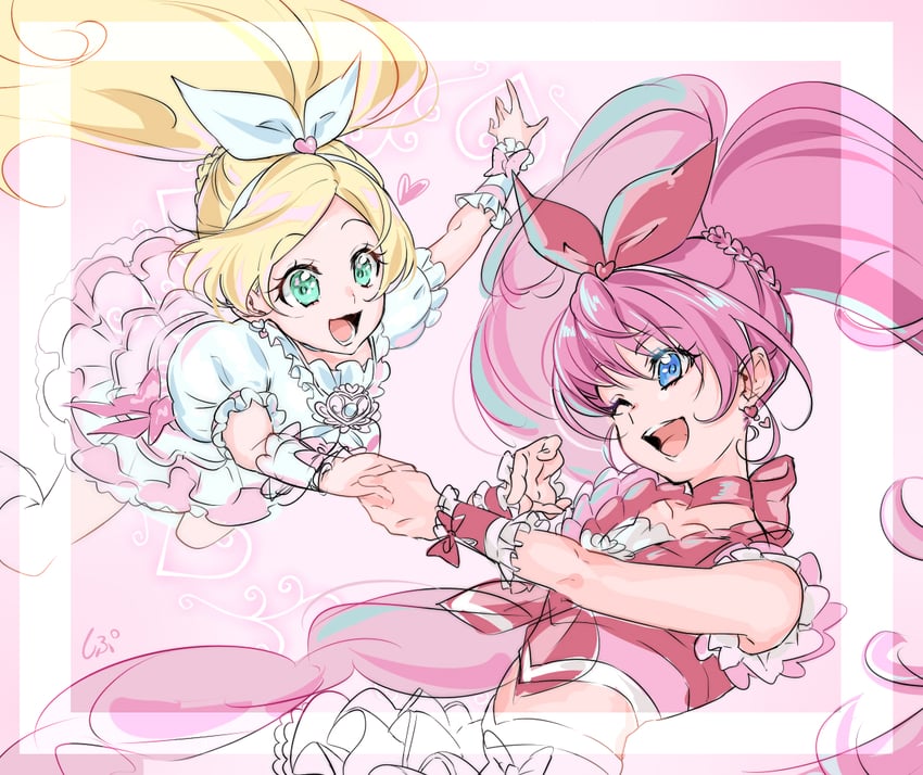 houjou hibiki, minamino kanade, cure melody, and cure rhythm (precure and 1 more) drawn by shipu_(gassyumaron)