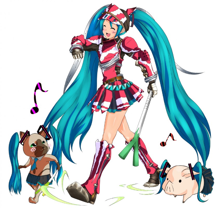hatsune miku and felyne (vocaloid and 1 more) drawn by miitoban