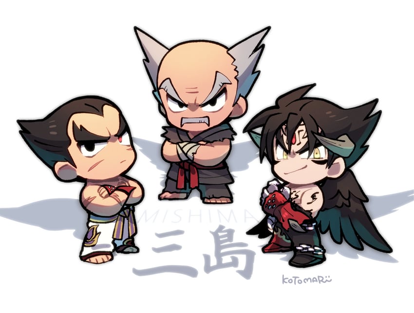 kazama jin, mishima kazuya, devil jin, and mishima heihachi (tekken) drawn by kotorai