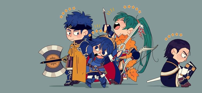 lucina, reinhardt, greil, lyn, and ike (fire emblem and 5 more) drawn by juuter