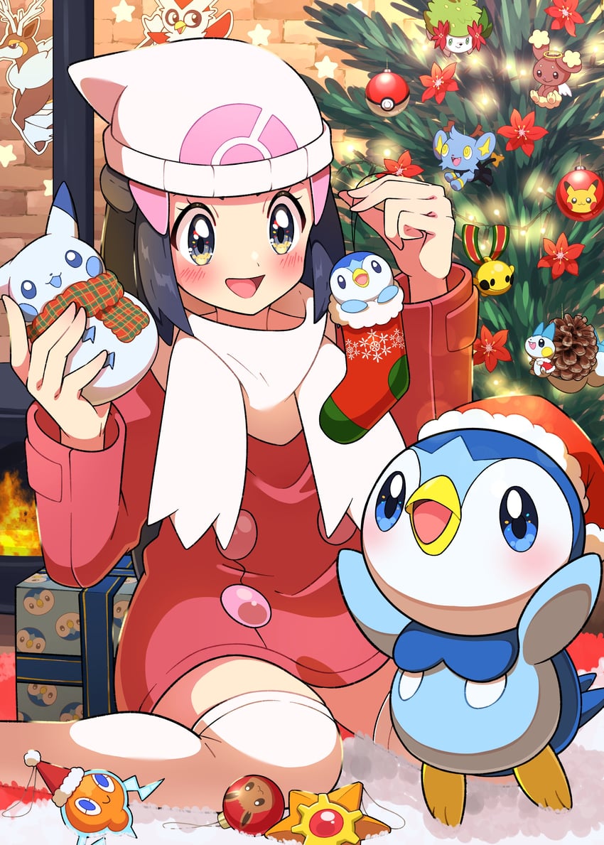 pikachu, dawn, eevee, rotom, piplup, and 8 more (pokemon and 2 more) drawn by pon_yui
