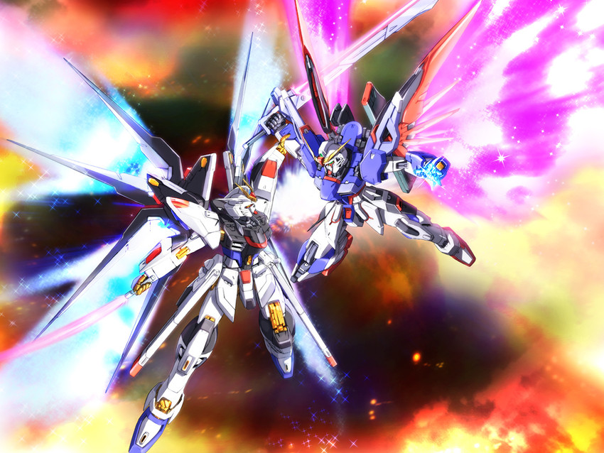 destiny gundam and strike freedom gundam (gundam and 2 more) drawn by eblmeka