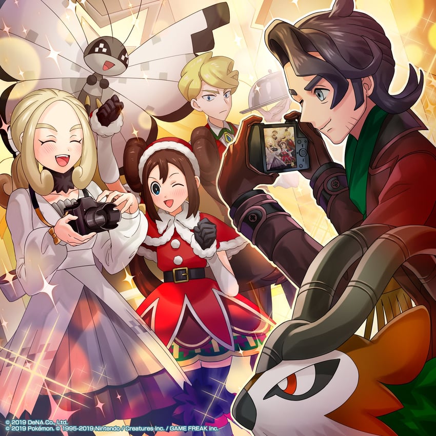 professor sycamore, vivillon, gogoat, rosa, viola, and 1 more (pokemon and 1 more) drawn by kikuya_shirou