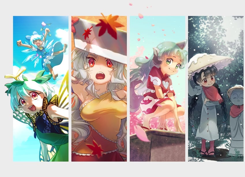 cirno, komano aunn, eternity larva, tanned cirno, yatadera narumi, and 1 more (touhou and 1 more) drawn by ukata