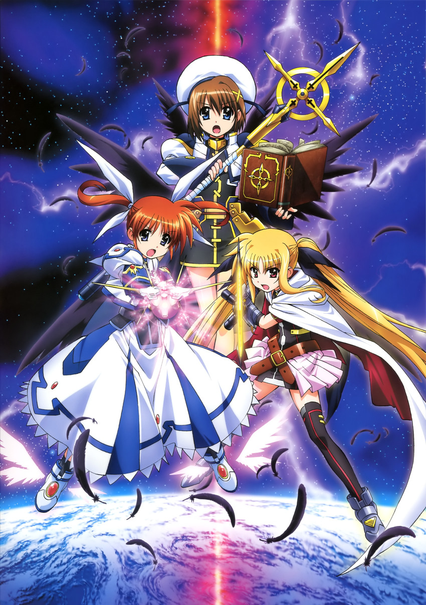 fate testarossa, takamachi nanoha, yagami hayate, raising heart, bardiche, and 2 more (lyrical nanoha and 3 more) drawn by okuda_yasuhiro