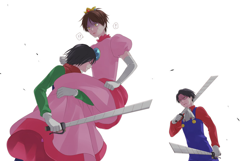 princess peach, mario, mikasa ackerman, eren yeager, luigi, and 1 more (mario and 1 more) drawn by maplemarimo