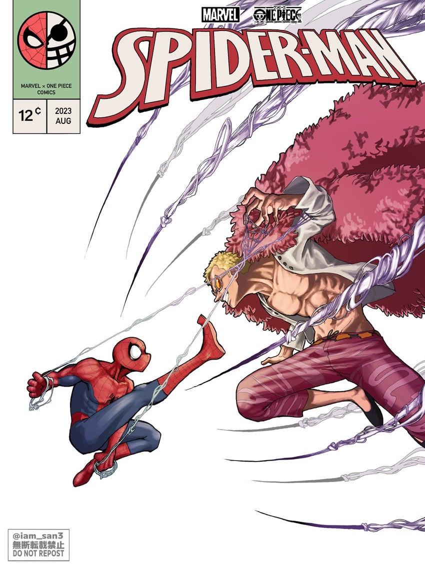 spider-man and donquixote doflamingo (one piece and 2 more) drawn by iam_san3