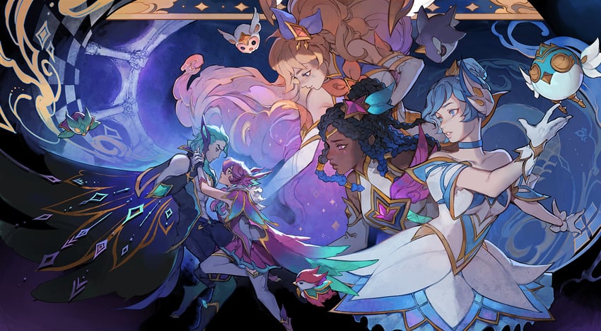 ahri, star guardian ahri, senna, little legend, star guardian orianna, and 3 more (league of legends) drawn by velinxi