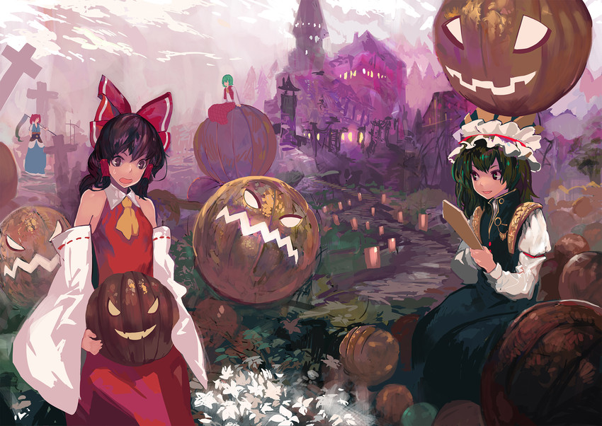 hakurei reimu, kazami yuuka, shiki eiki, and onozuka komachi (touhou) drawn by onion_(onion_and_pi-natto)