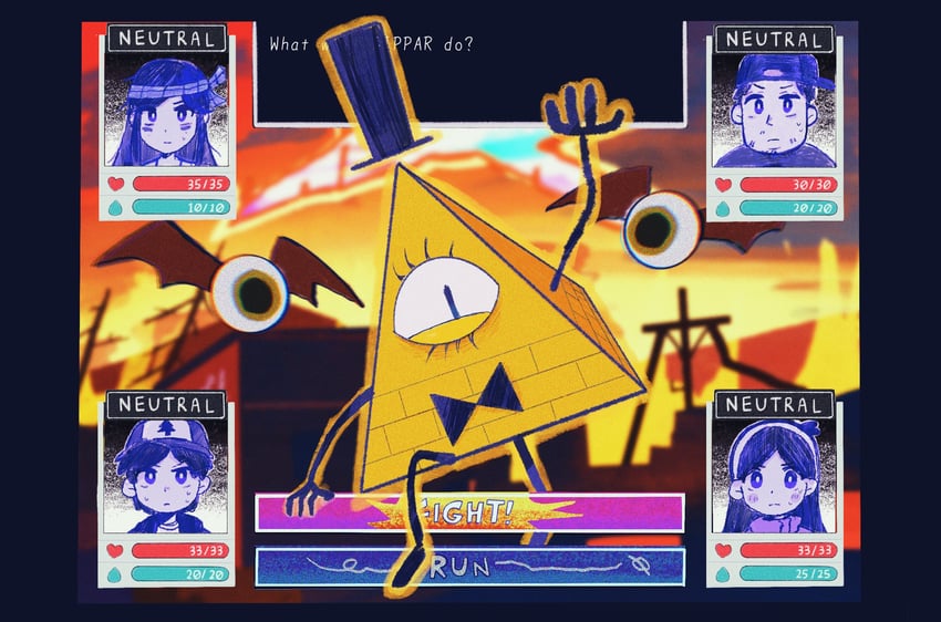 mabel pines, dipper pines, bill cipher, wendy corduroy, and soos ramirez (omori and 1 more) drawn by amecandle_143