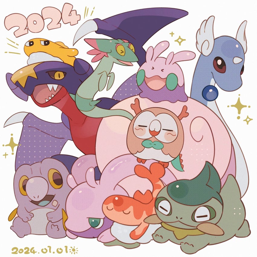 rowlet, garchomp, dreepy, dragonair, goodra, and 3 more (pokemon) drawn by takumi_mizuki