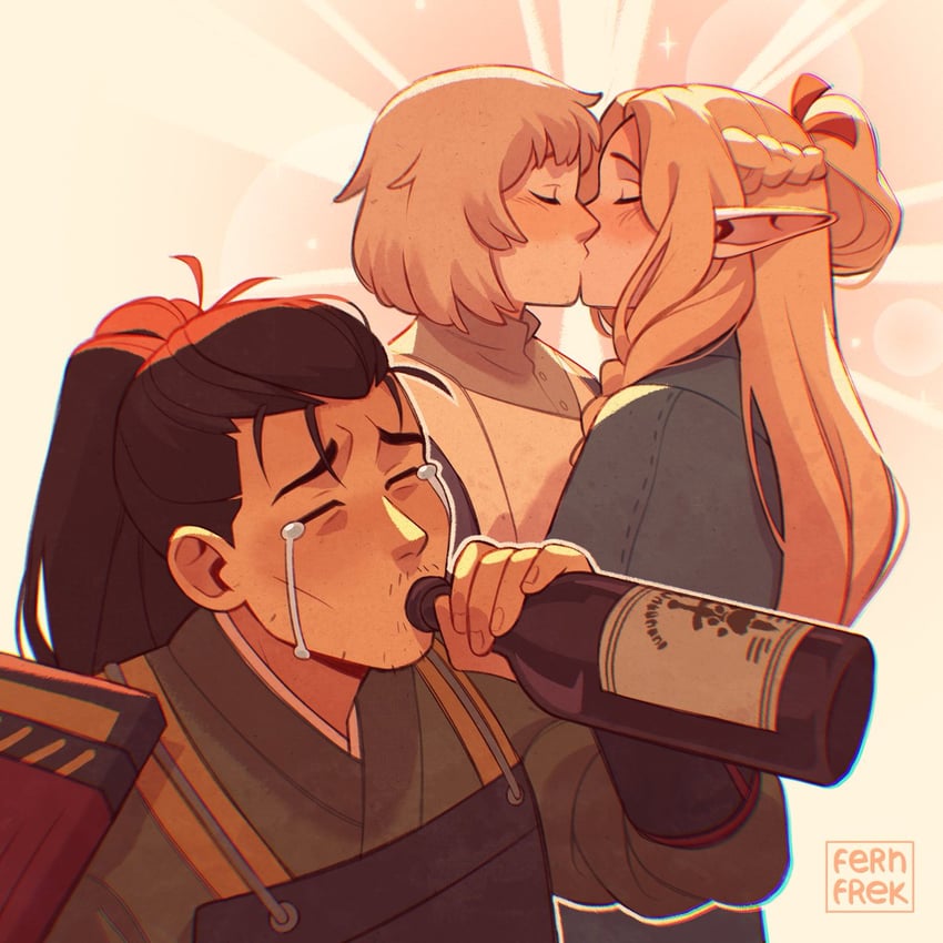 marcille donato, falin touden, and shurou (dungeon meshi) drawn by fernfrek