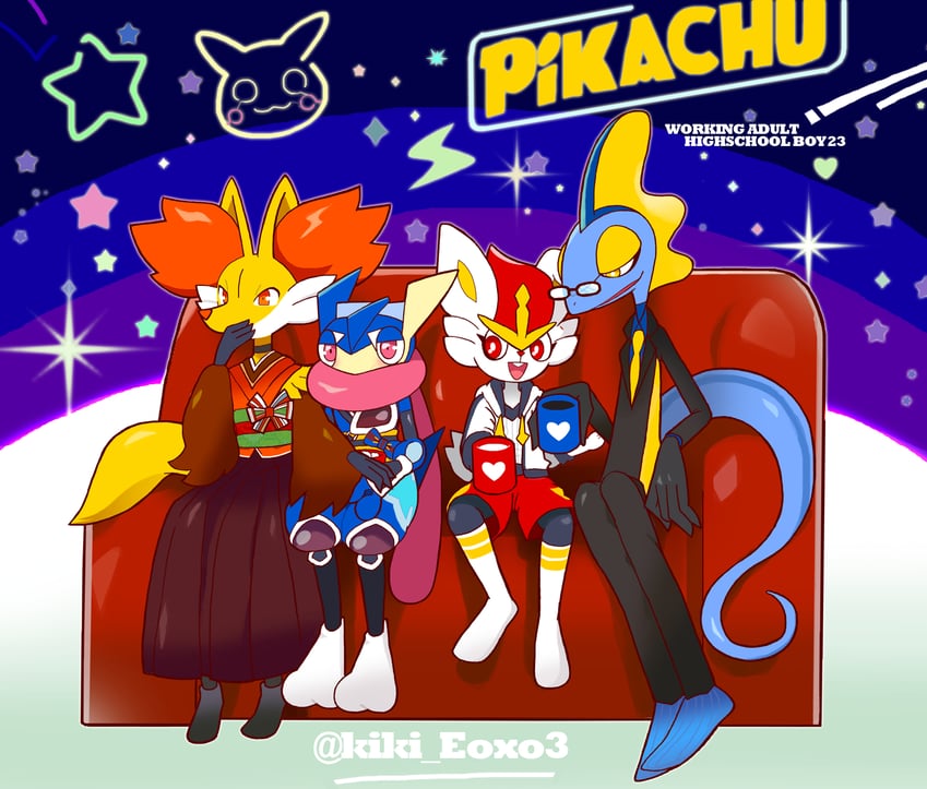 pikachu, scorbunny, greninja, inteleon, and delphox (pokemon) drawn by kiki_(431642)