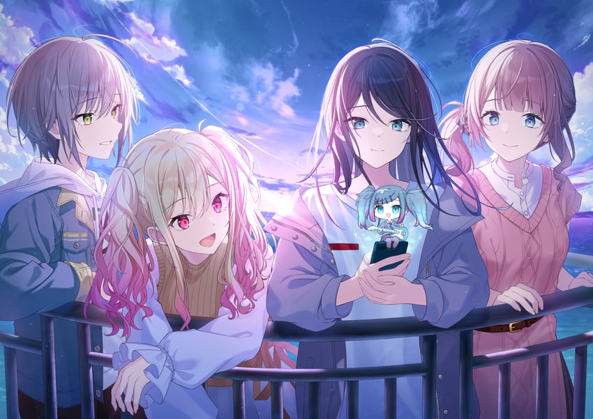 hatsune miku, tenma saki, hoshino ichika, mochizuki honami, hinomori shiho, and 1 more (vocaloid and 1 more) drawn by timmoo
