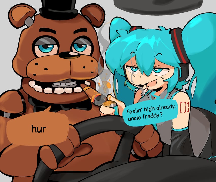 hatsune miku and freddy fazbear (vocaloid and 1 more) drawn by abstractpurple