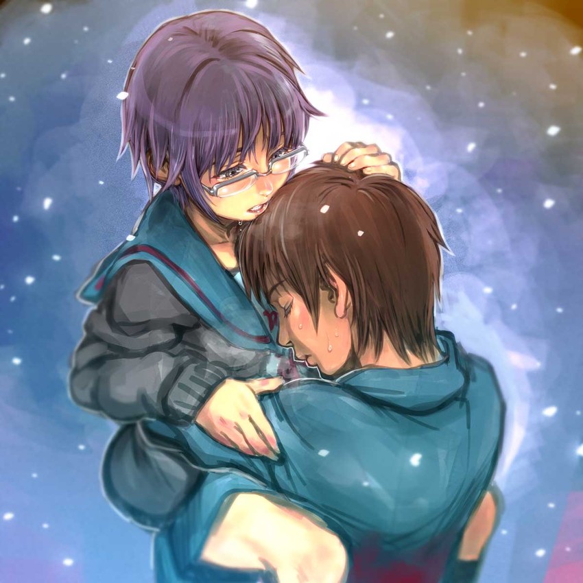 nagato yuki and kyon (suzumiya haruhi no yuuutsu and 1 more) drawn by kishizuka_kenji