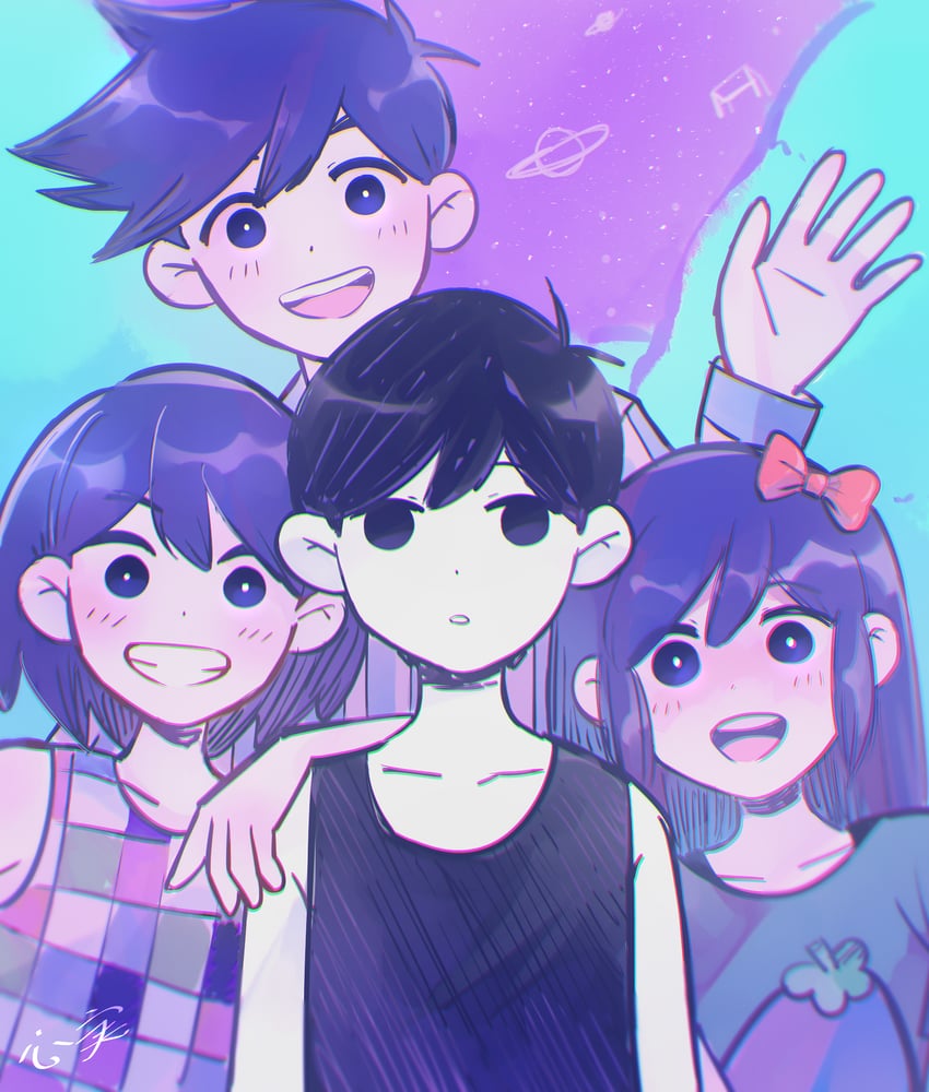 omori, aubrey, kel, hero, and mr. plantegg (omori) drawn by kokomi_(aniesuakkaman)