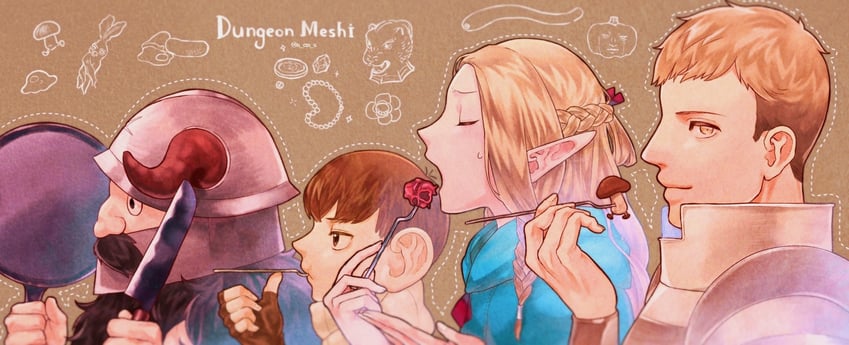 marcille donato, laios touden, senshi, chilchuck tims, and walking mushroom (dungeon meshi) drawn by umum_yuyu