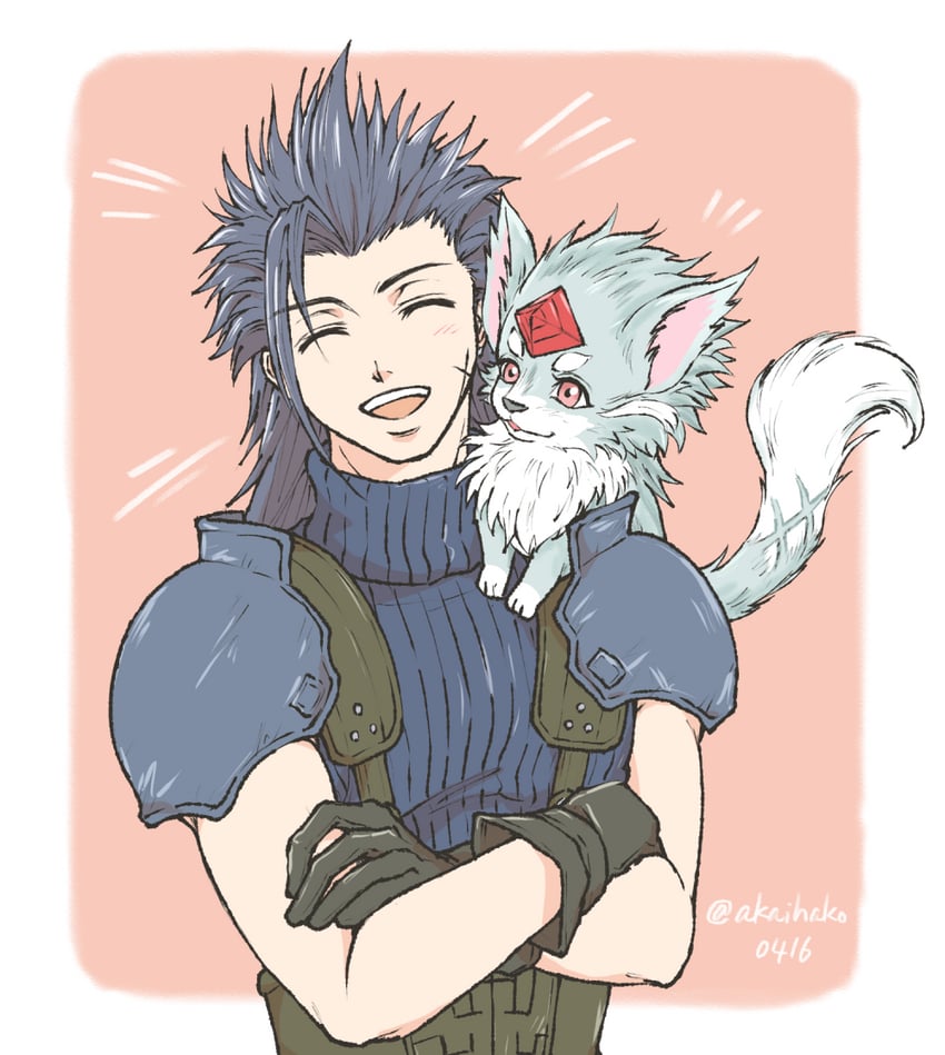 zack fair and carbuncle (final fantasy and 2 more) drawn by you_(blacknwhite)