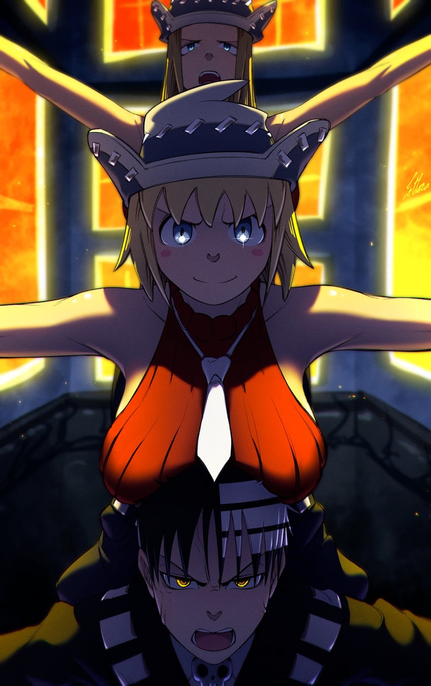 death the kid, patricia thompson, and elizabeth thompson (soul eater) drawn by tettora
