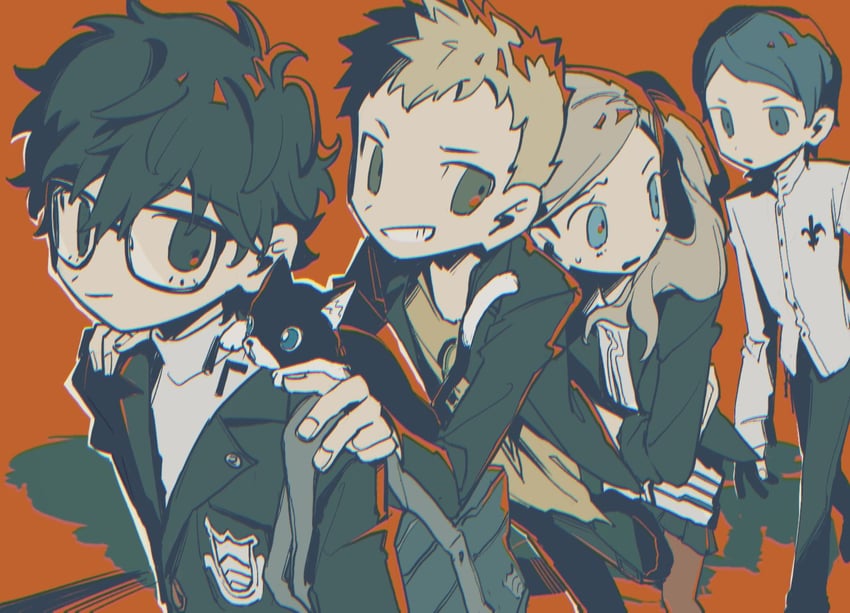 amamiya ren, takamaki anne, sakamoto ryuuji, morgana, and kitagawa yuusuke (persona and 1 more) drawn by bbbbbaasos