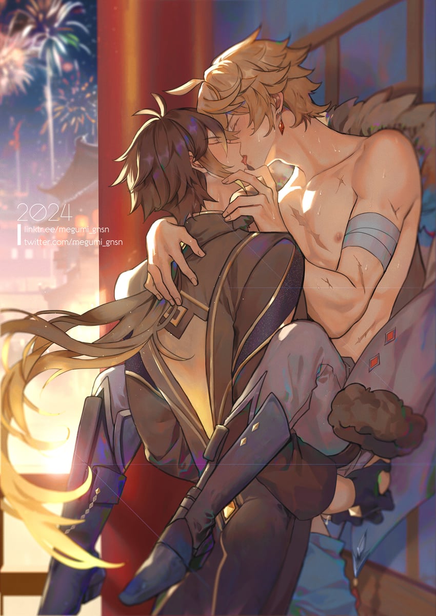 zhongli and tartaglia (genshin impact) drawn by hizuki24