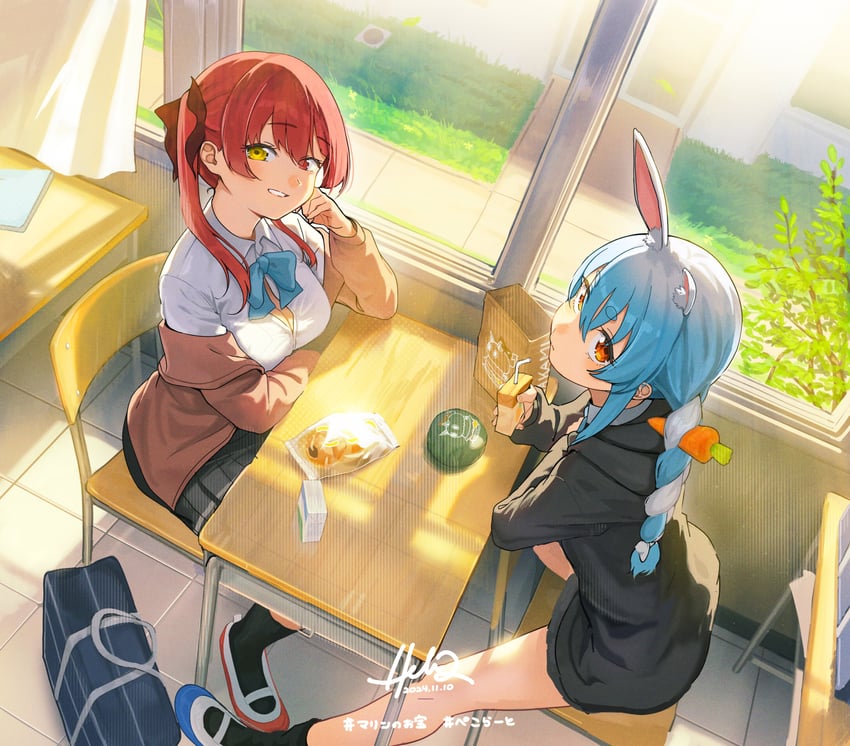 houshou marine and usada pekora (hololive) drawn by hz_(helu_2)