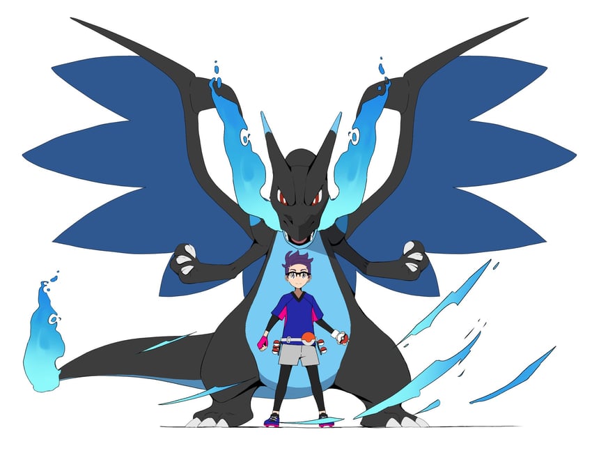 charizard, mega charizard x, and male protagonist (pokemon and 1 more) drawn by psaber97