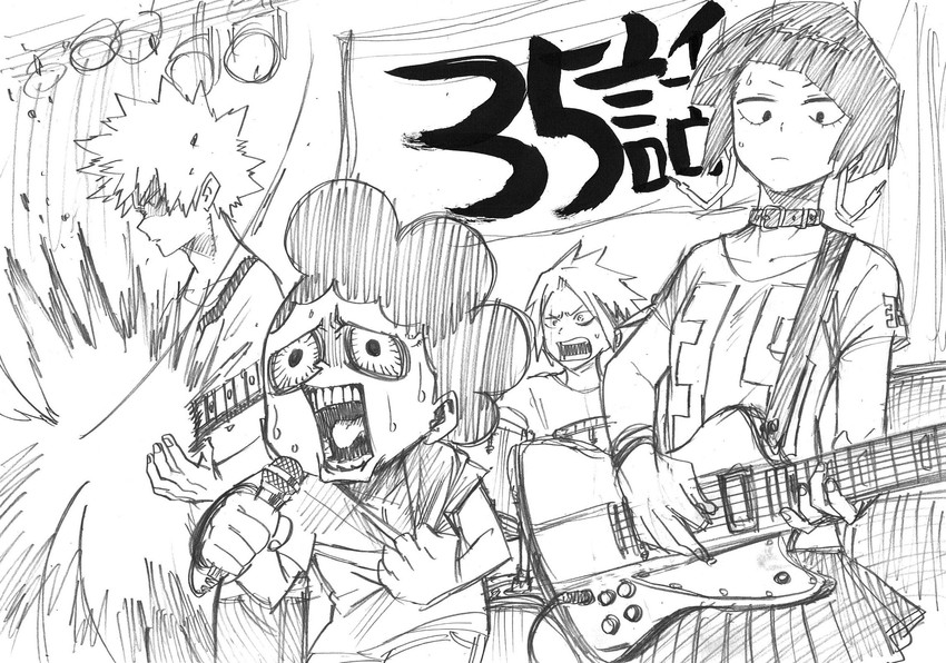 bakugou katsuki, jiro kyoka, kaminari denki, and mineta minoru (boku no hero academia) drawn by horikoshi_kouhei