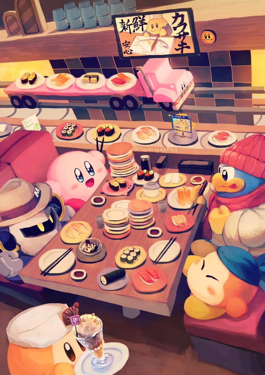 kirby, meta knight, waddle dee, bandana waddle dee, chef kawasaki, and 2 more (kirby and 1 more) drawn by suyasuyabi
