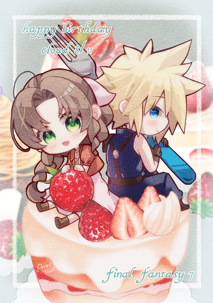 cloud strife and aerith gainsborough (final fantasy and 3 more) drawn by arestear0701