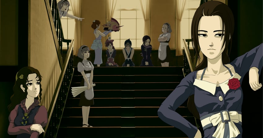tsubakikoji reiko, tsubakikoji saori, mita righti, tsubakikoji shizuka, mita lefti, and 5 more (bara to tsubaki and 1 more) drawn by naramura
