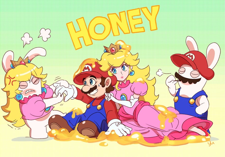 princess peach, mario, rabbid, rabbid peach, and rabbid mario (mario and 2 more) drawn by agua_mp
