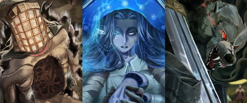 ranni the witch, tarnished, blaidd the half-wolf, bloody wolf, and war counselor iji (elden ring) drawn by satsu-strive