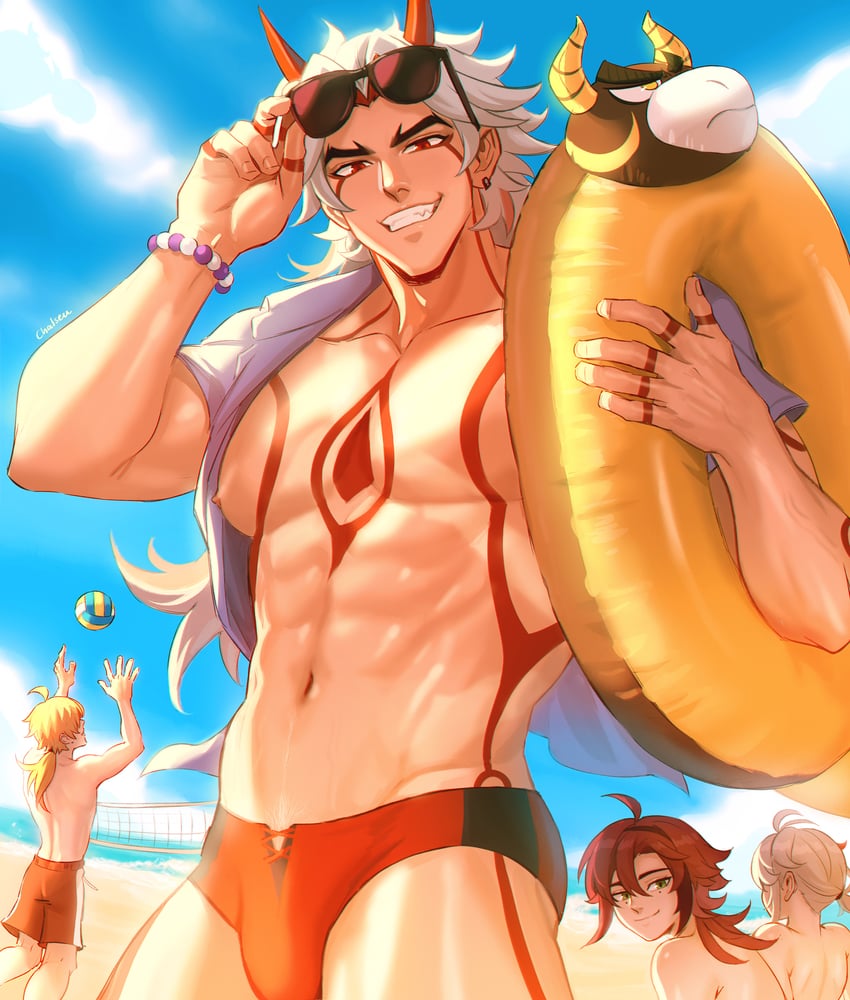 kaedehara kazuha, arataki itto, thoma, shikanoin heizou, and ushi (genshin impact) drawn by chalseu