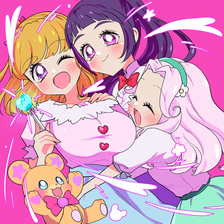 asahina mirai, izayoi liko, hanami kotoha, and mofurun (precure and 1 more) drawn by meranoreuka_(pandapaca)