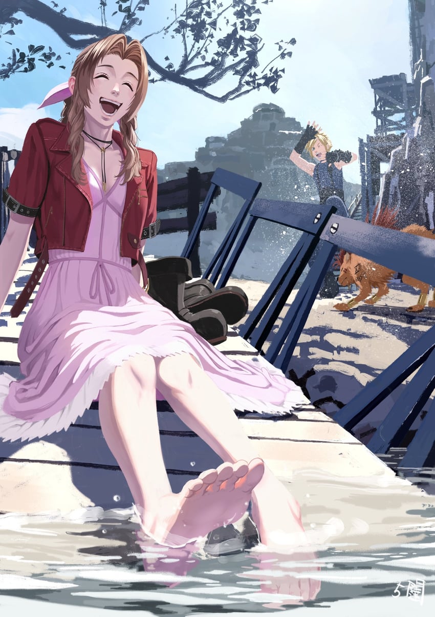 cloud strife, aerith gainsborough, and red xiii (final fantasy and 3 more) drawn by 5tatsu