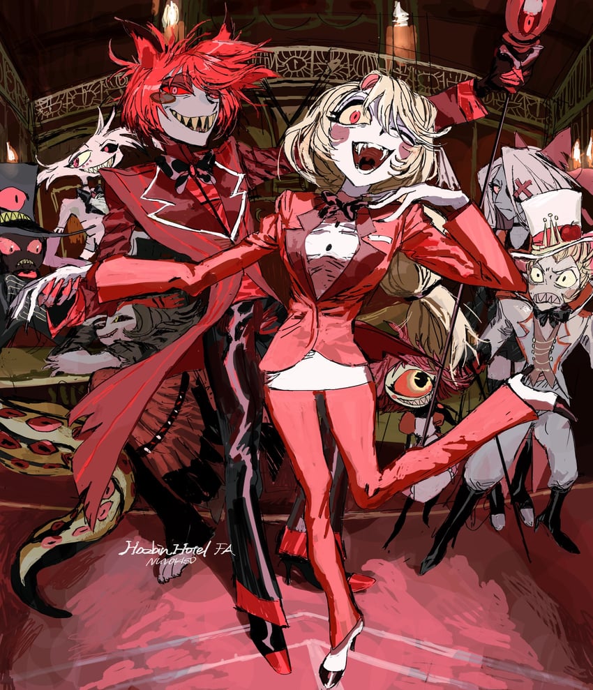 lucifer morningstar, charlie morningstar, alastor, vaggie, angel dust, and 2 more (hazbin hotel) drawn by gomibaketsu3