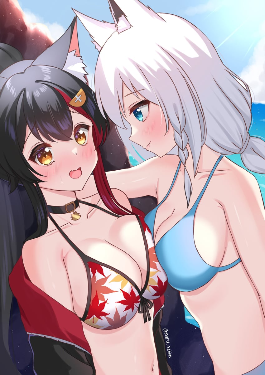 shirakami fubuki and ookami mio (hololive) drawn by maru.selinn