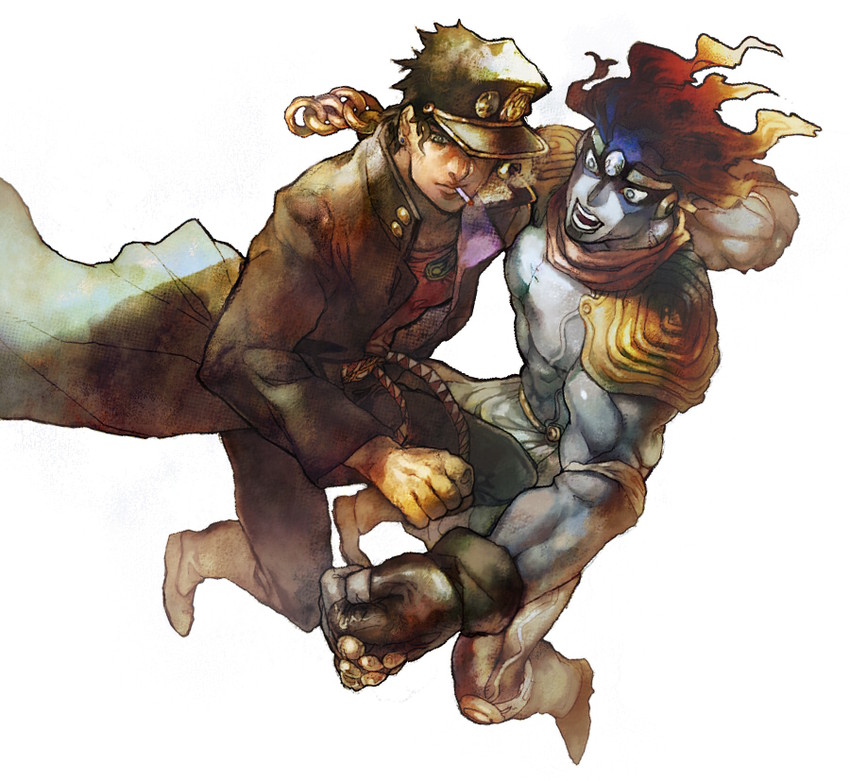 kujo jotaro and star platinum (jojo no kimyou na bouken and 1 more) drawn by aoki_(fumomo)