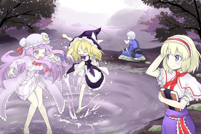 kirisame marisa, alice margatroid, patchouli knowledge, and morichika rinnosuke (touhou) drawn by futa_(nabezoko)