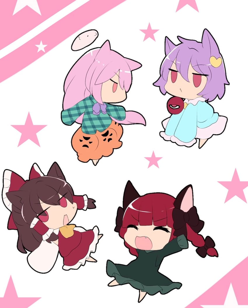 hakurei reimu, komeiji satori, kaenbyou rin, and hata no kokoro (touhou) drawn by you_(noanoamoemoe)