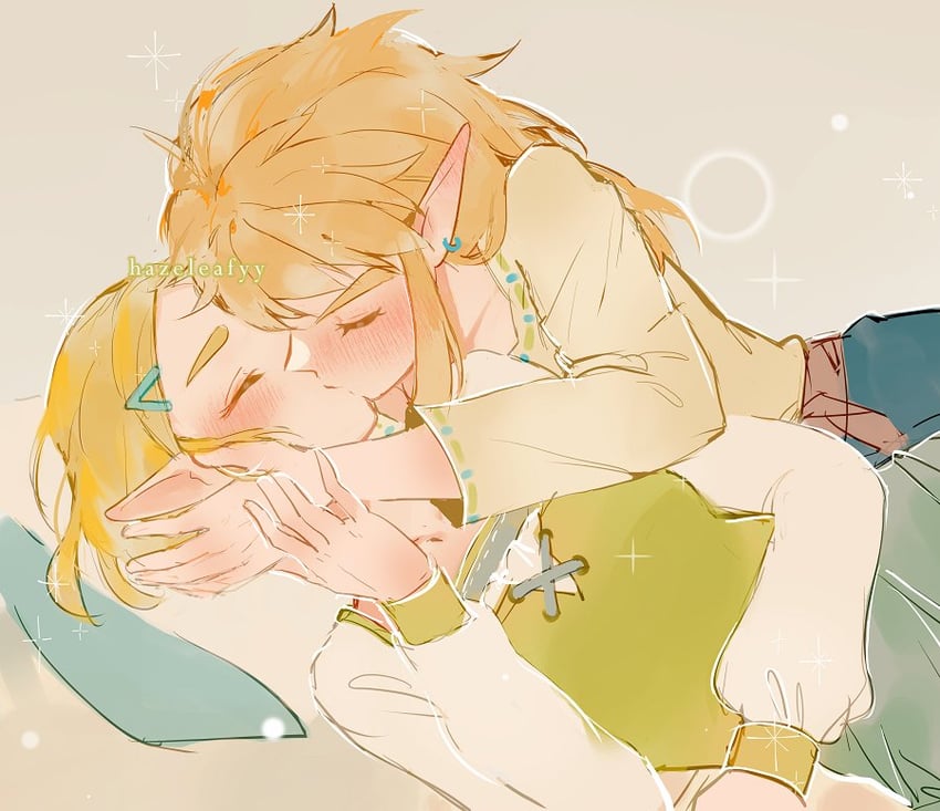 link and princess zelda (the legend of zelda and 1 more) drawn by hazeleafyy